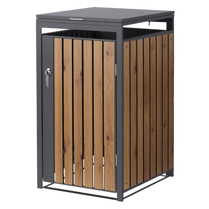 Abri Poubelle Métal Aspect Bois – 68x80x120 Cm, Pour Conteneur 240L, Couvercle Rabattable