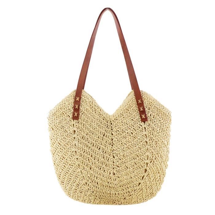 Sac à main en paille - Sac de plage dété - Grande capacité - Beige - Femme - Rotin tissé