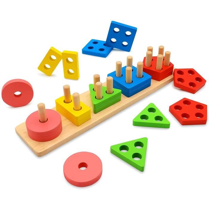 Jouets Montessori 2 en 1, Jeux éducatifs Enfants 1 2 3 4 Ans, Empileur  Géométrique en Bois avec Jeu de Pêche Trier et Empiler Jouets Formes  Géométriques pour Cadeaux Enfants 1-5 Ans : : Jouets