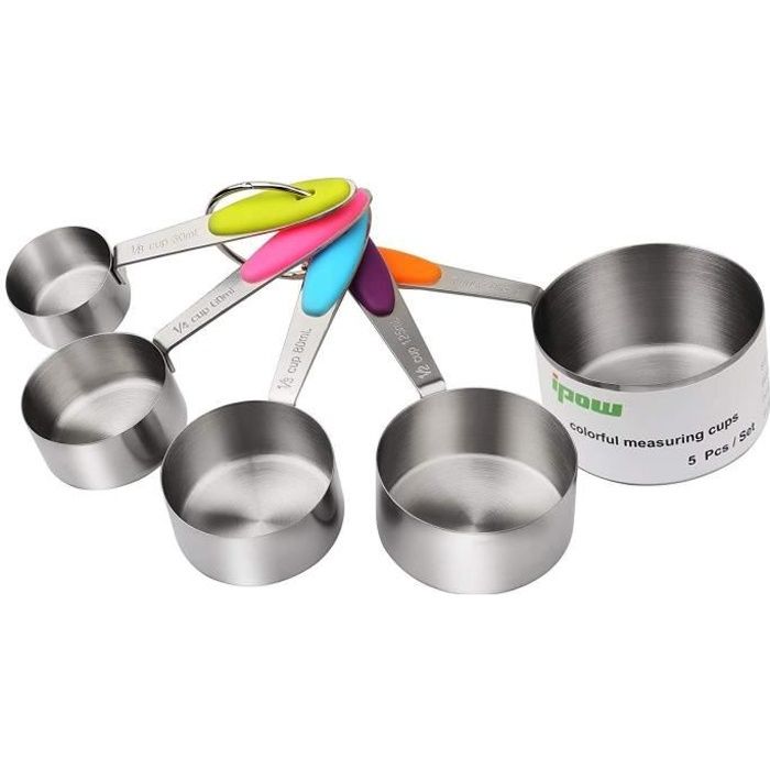 Set Mesure Cuisine Inox - 5 Verres Doseurs + 5 Cuillères - Poignées Silicone - Graduations Précises - Lave-Vaisselle