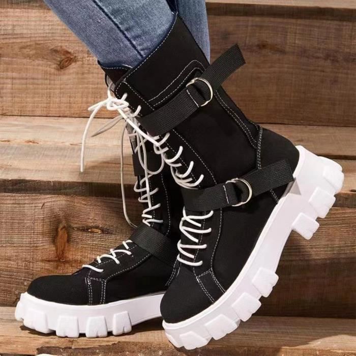 Bottes de moto lacets bout rond et plateforme couleur unie en