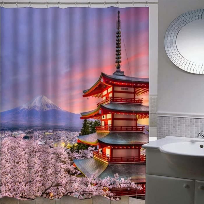 Rideau De Douche Anti-moisissure Motif Fleurs De Cerisier 3D - 180x200 Cm, Polyester Imperméable, Avec 12 Crochets - 3