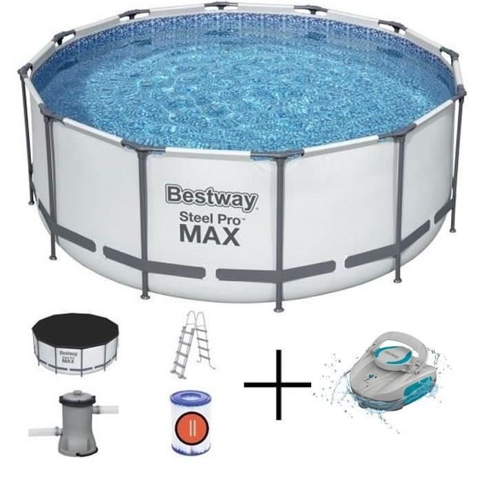 Kit Piscine hors sol tubulaire BESTWAY Steel Pro Max - 366 x 122 cm - Ronde + Robot Quartz