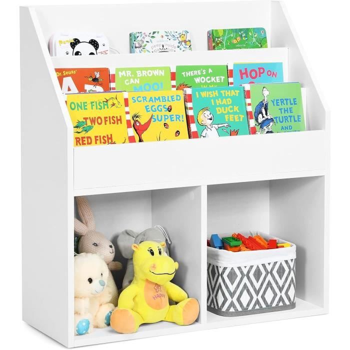 bibliothèque enfants en bois - costway - 3 compartiments - 2 cubes ouverts - blanc