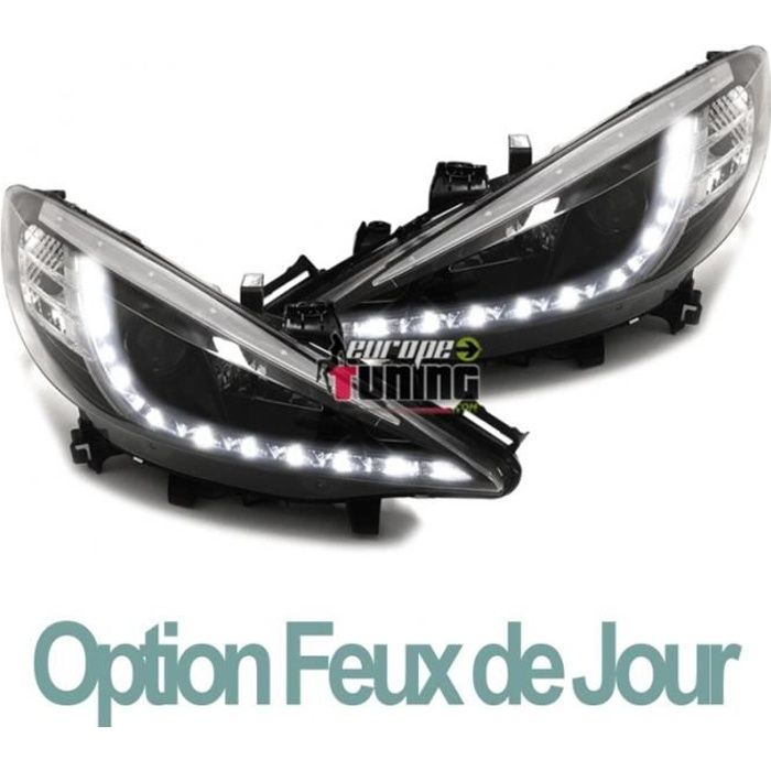 PHARES FEUX AVANTS TUNING NOIRS LEDS DE JOUR DRL DIURNES R87 PEUGEOT 207 (00244)