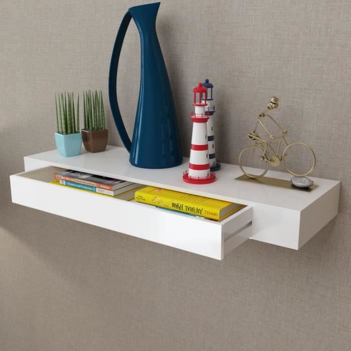 etagère 1 tiroir murale en mdf blanc pour dvd/livres/plantes durable élégant pour chambre salon design moderne