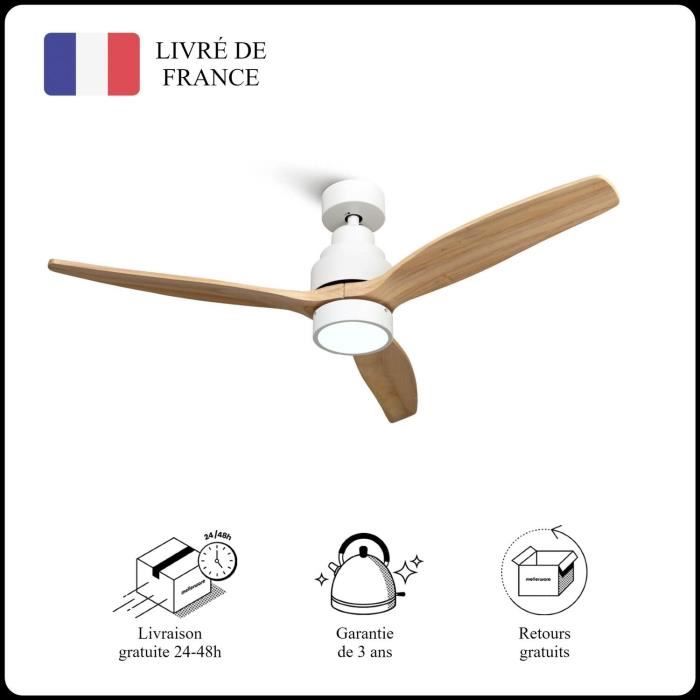 Mellerware - Ventilateur de plafond avec télécommande Brizy! Bright 45W Silencieux 3 lames 132cm 6 vitesses LED Bois clair - Mellerware