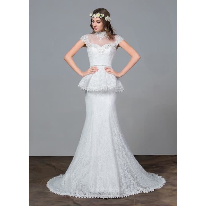 Robe De Mariage Longue Trainée Col Montant Manche Courte Sexy Transparent Tout En Dentelle Broderie Avec Perle Elegant Luxueux Blanc