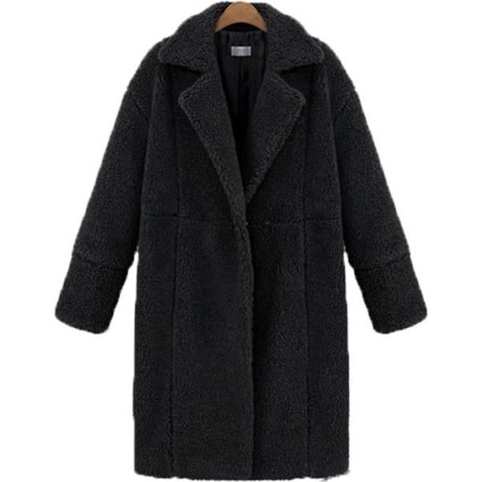 Manteau Femme Marque Modele Texture effet mouton Col a revers Couleur unie Parka fourrure femme Noir noir Cdiscount Pret a Porter