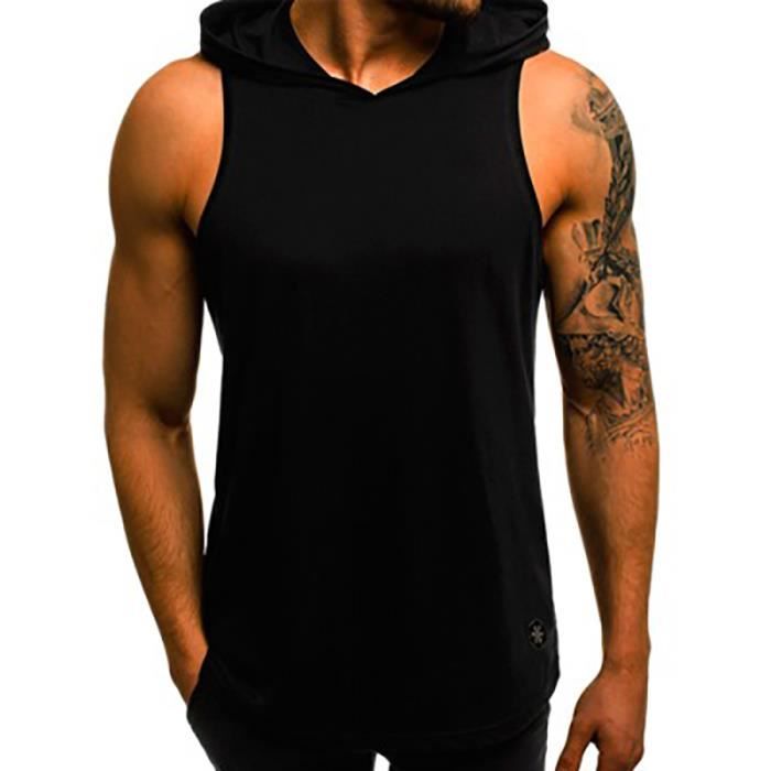T Shirt Homme Sans manches T-shirt à Simple et décontracté Mode mince T-shirt Vêtement Masculin-Blanc-noir