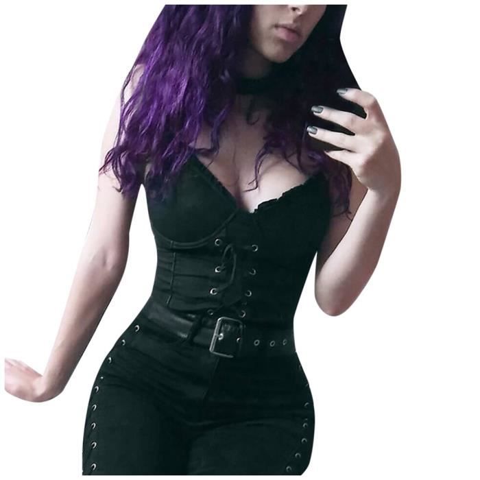 Gilet 2020 nouveau noir gothique haut pour les femmes ete culture hauts gothique solide dentelle pansement haut caraco Type Black Blanc Cdiscount Pret a Porter