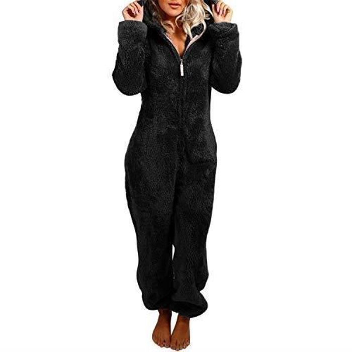 Pyjama Une piece en Polaire pour Femme Combinaison Douillette Pyjama Long Combinaison avec Capuche et Fermeture eclair Le