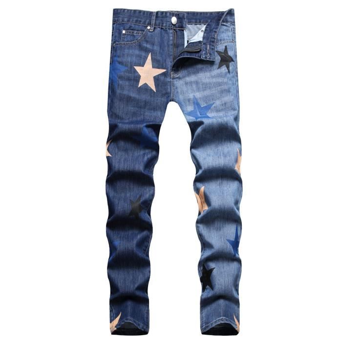 Jean Homme Coupe droite Casual Stretch Taille standard Effect delave Bicolore Etoile imprime