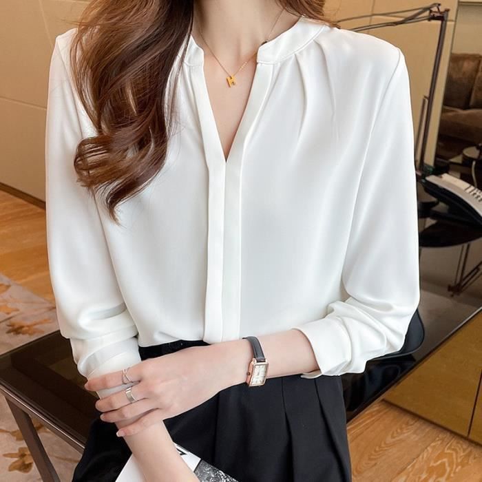 Chemise blanche col v chemise en mousseline de soie à manches