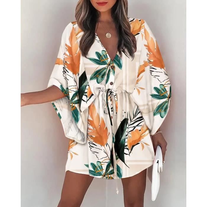 Robe Robe chemise sexy a col en V pour femmes manches chauve souris imprimees mini robe boutonnee a lacets mode Boho style7 B838 Blanc Cdiscount Pret a Porter