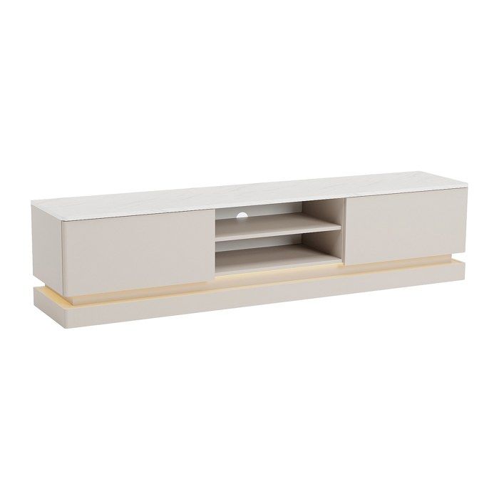 Meuble TV 2 tiroirs et 2 niches avec LEDs en MDF - Beige et effet marbre blanc - DEVIKA