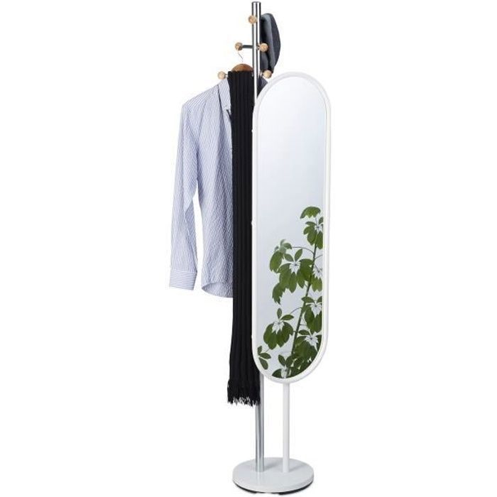 Relaxdays Portemanteau avec grand miroir pivotant, Porte-vêtements chambre dressing entrée, 175 cm de haut, acier blanc