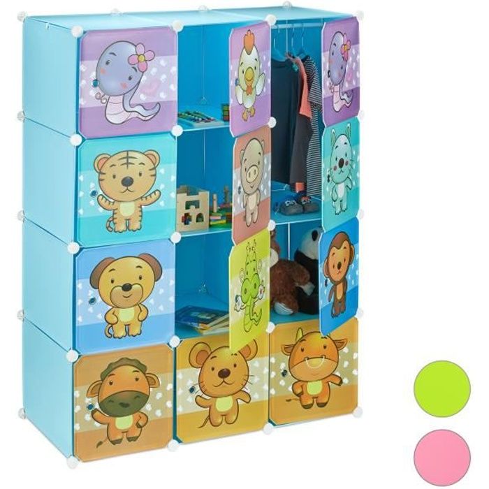 relaxdays étagère rangement enfants casier modulable plastique animaux penderie armoire portes tringle, coloré - 4052025942601