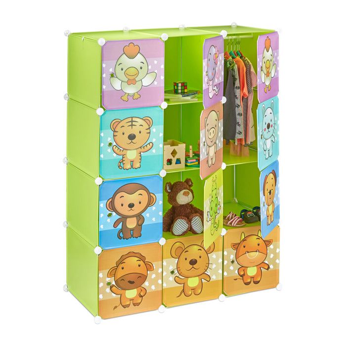 relaxdays étagère rangement enfants casier modulable plastique animaux penderie armoire portes tringle, coloré - 4052025942601