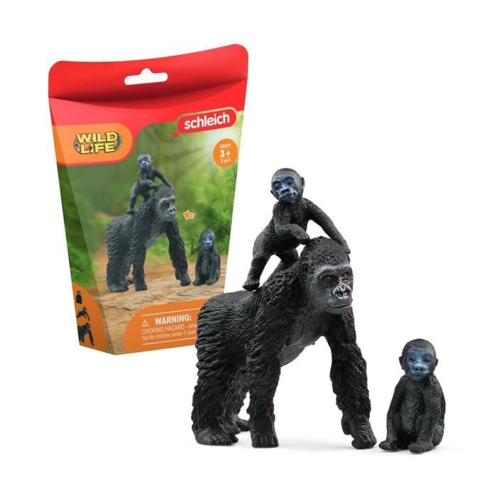 Famille de Gorilles des Plaines, Coffret schleich avec 1 maman gorille et ses 2 bébés, pour enfants 