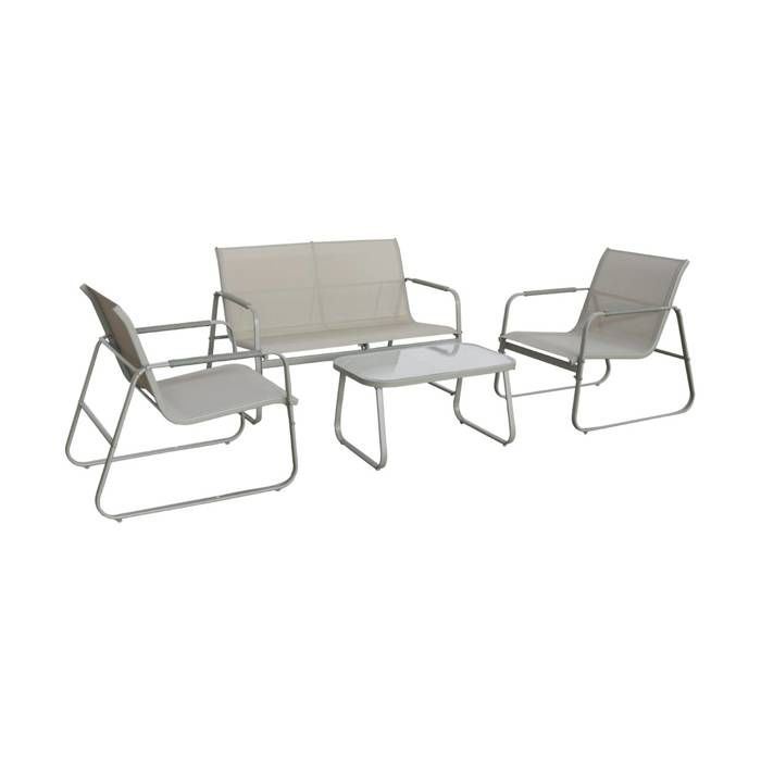 Salon de jardin kaki NOTO acier. 4 places. un canapé. une table. deux fauteuils textilene