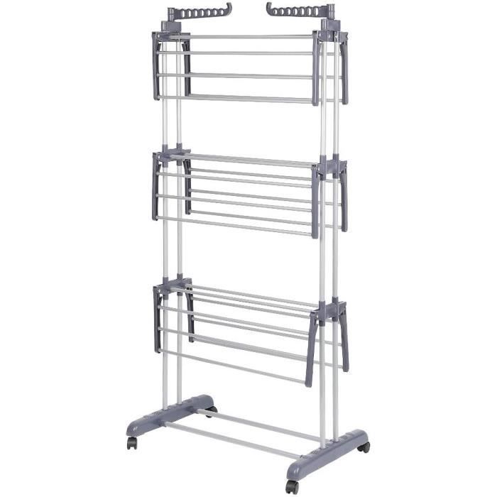 Séchoir à Linge Pliable NK 4 Niveaux - 6 Plateaux + 2 Ailes Avec Cintres + Porte-chaussures, Roulettes 360°, Capacité 19 M (noir/blanc)