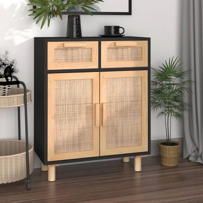 vidaXL Buffet Noir 60x30x75 cm Bois de pin massif et rotin naturel 345637