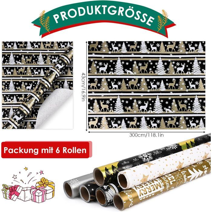 5 rouleaux papier cadeau enfants kraft 43x300cm, avec corde naturelle