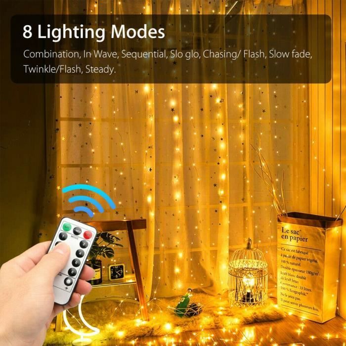 SALCAR Rideau Lumineux LED 3m X 1m - 150 LED Blanc Doux - 9 Modes D'Éclairage Pour Noël Et Fêtes