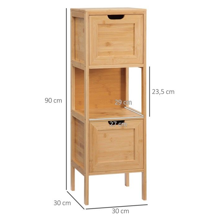 FORABAMB Meuble De Salle De Bain En Bambou - Armoire Rangement Cuisine 60x30x100 Cm Avec 2 Compartiments Ouverts Et Portes