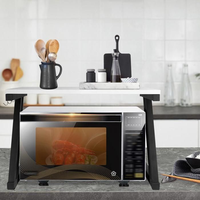 Support Micro-ondes Extensible PKOUVOO – Étagère Réglable 40-63 Cm Avec 6 Crochets, Support Four & Cuisine Gain De Place Noir