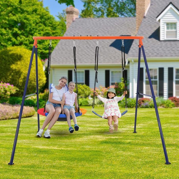 KOMFOTTEU Portique Balançoire 2 En 1 – Siège Classique + Nid, Corde Réglable, Charge 300 Kg, Extérieur