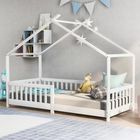 EKASN Lit cabane enfant Bois pin massif blanc avec Sommier et barrière - 90 x 200 cm