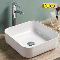 iDeko® Vasque à poser en céramique lavabo perçage forme carrée Blanc avec Bonde Siphon 385x385x135mm