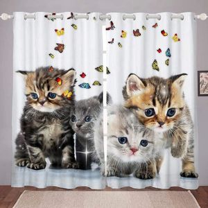AKATIE Chat Animal Rideaux Thermique Isolant Anti Froid Polyester 2 Pièces  3D Impression Chaton Blanc Motif Opaque Rideau Occultant Oeillet Chambre