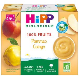 COMPOTE DESSERT FRUITÉ Hipp Bio 100% Fruits Coupelle Pommes Coings +4m 4 x 100g