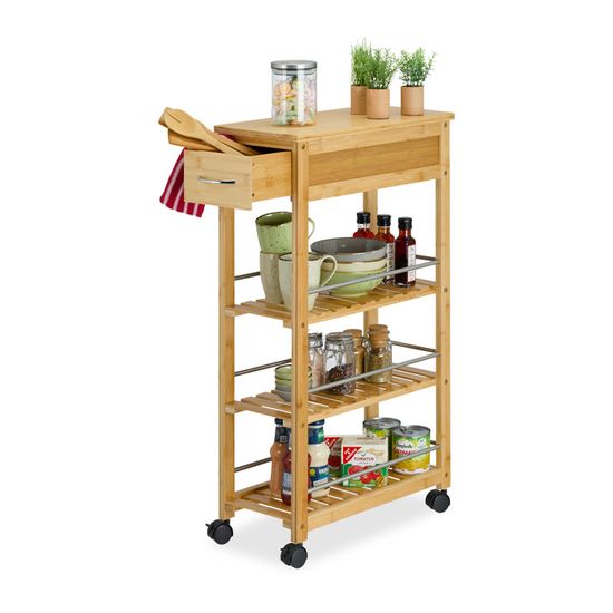 Relaxdays, blanc Desserte de Cuisine Bambou, 3 étages, chariot de service, Roulette 360°, HxlxP 76,5 x 46 x 38 cm, inox, plastique Relaxdays, blanc Desserte de Cuisine Bambou, 3 étages, chariot de service, Roulette 360°, HxlxP 76,5 x 46 x 38 cm, inox, plastique
