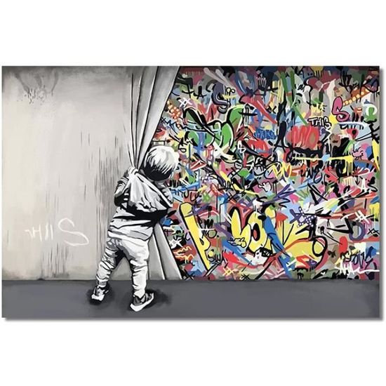 Graffiti Street Art - Impression sur toile - Art de Banksy derrière le rideau - 80 x 160 cm - Cadre intérieur
