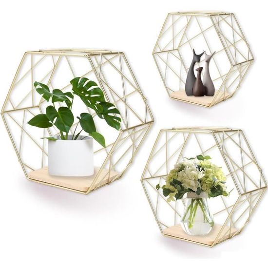 Étagères Murales Hexagonales - - Set De 3 - Or - Bois Et Métal