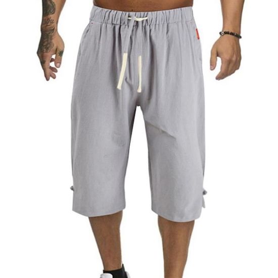 Minetom Homme Été Pantalon En Lin Lâche Capri Shorts Bermudas 3/4 Pantacourt Baggy Cargo Pants Large Cordon De Serrage A Bleu XS
