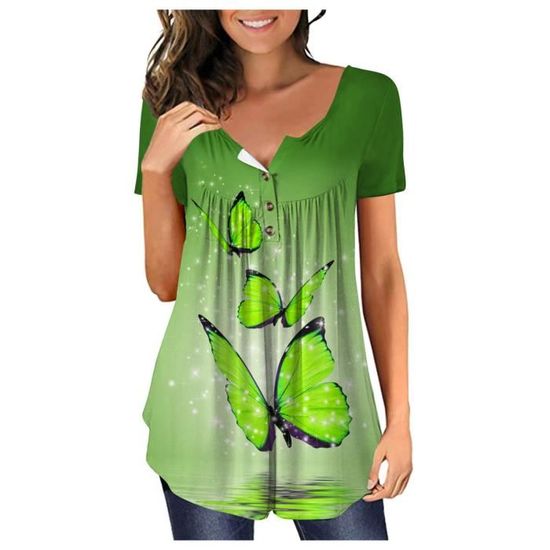Col V T Shirt Femme T-Shirts Pour Femmes Col En V Manches à Volants T-Shirt Haut Été Extérieur Maison Décontracté Khaki TTG Tee Shirt Col V Femme