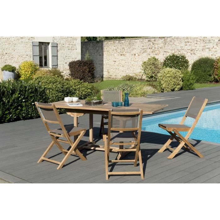 Ensemble de jardin en teck : 1 table rectangulaire 120 / 180 x 90 cm - 2 lots de 2 chaises pliantes en textilène, couleur taupe