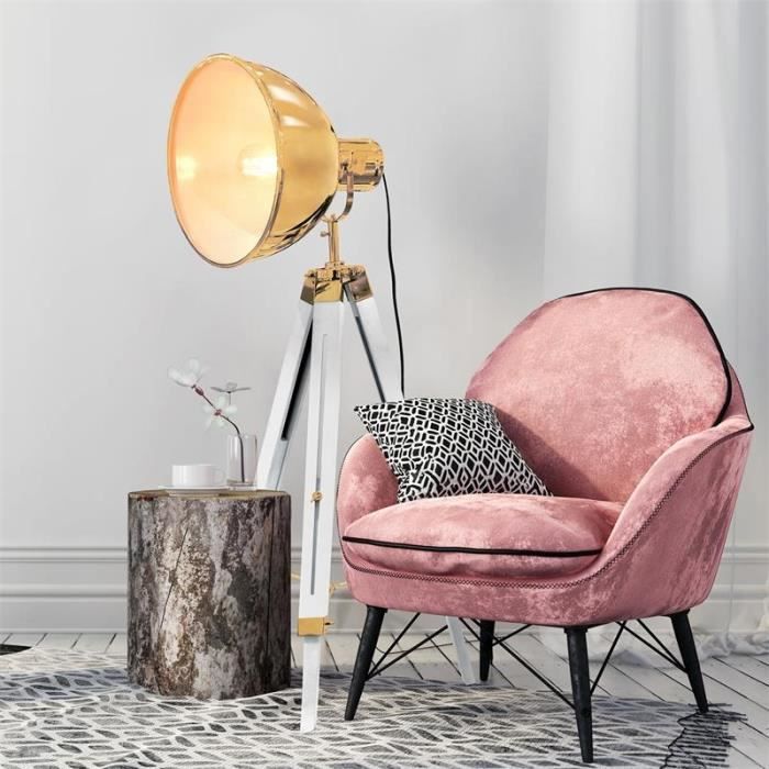Lampadaire abat-jour doré sur trépied style industriel - L 65 x l 56 x H 143,5 cm - Blanc Blanc Et Doré
