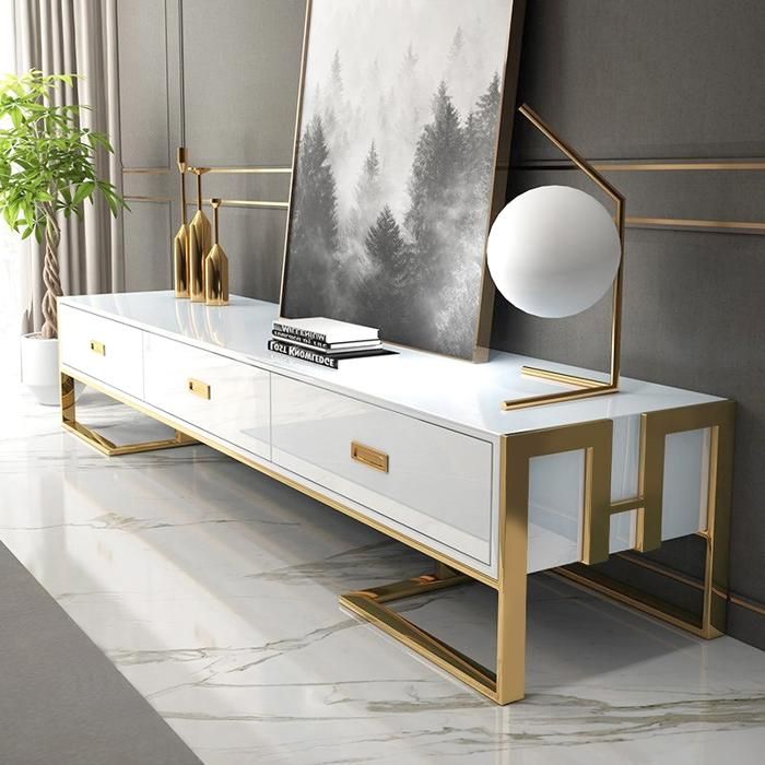 Meuble TV blanc avec tiroirs base or laqué Luxuria