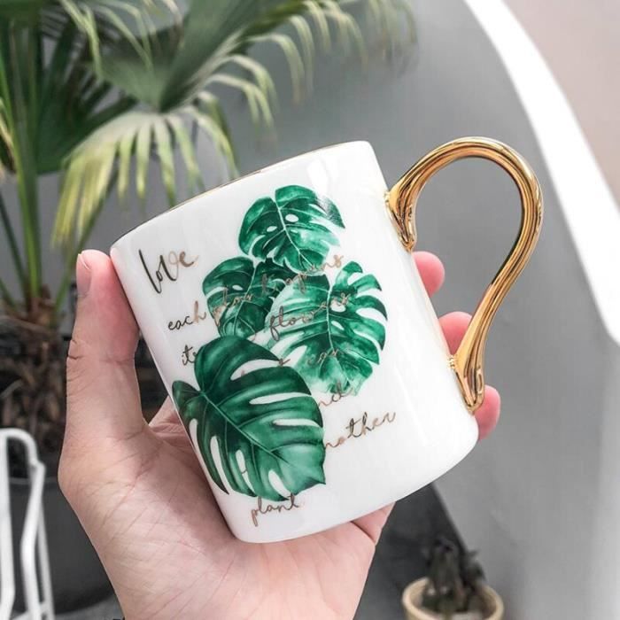 Noble poignée dorée Monstera motif tasses à café 400ML exquise tasse à lait en céramique tasse à thé boisson cadeau de - Type 1