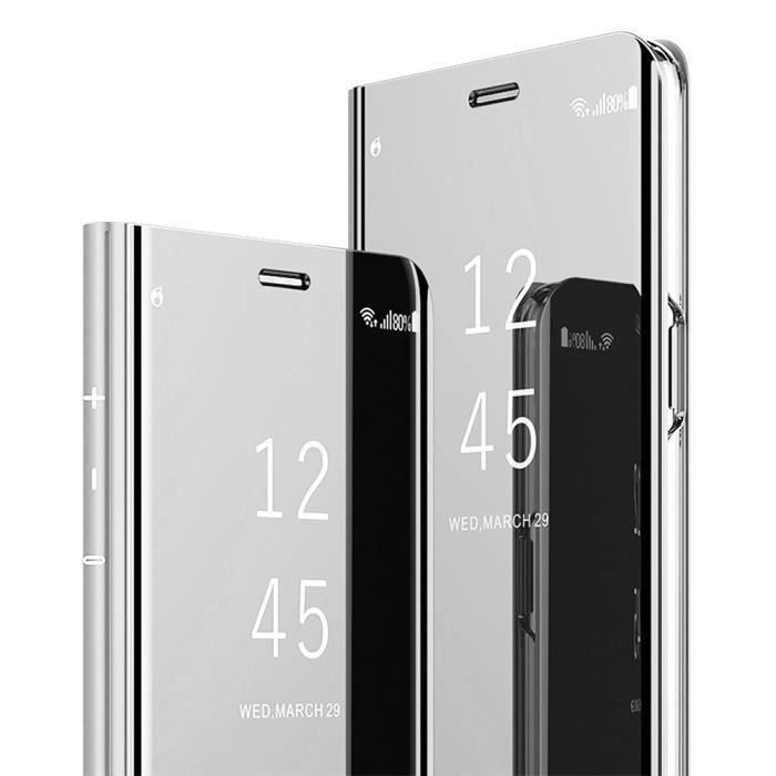 Luxe Coque Samsung Galaxy Note 20 Ultra (5G), Integral Protection Cuir Slim Translucide Clear View Cover Antichoc Support, Argent