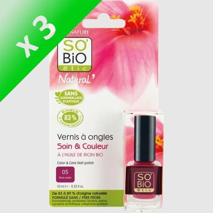 SO'BiO ETIC Vernis à ongles à l'huile de ricin Bio - Violet divin - 10 ml (Lot de 3)