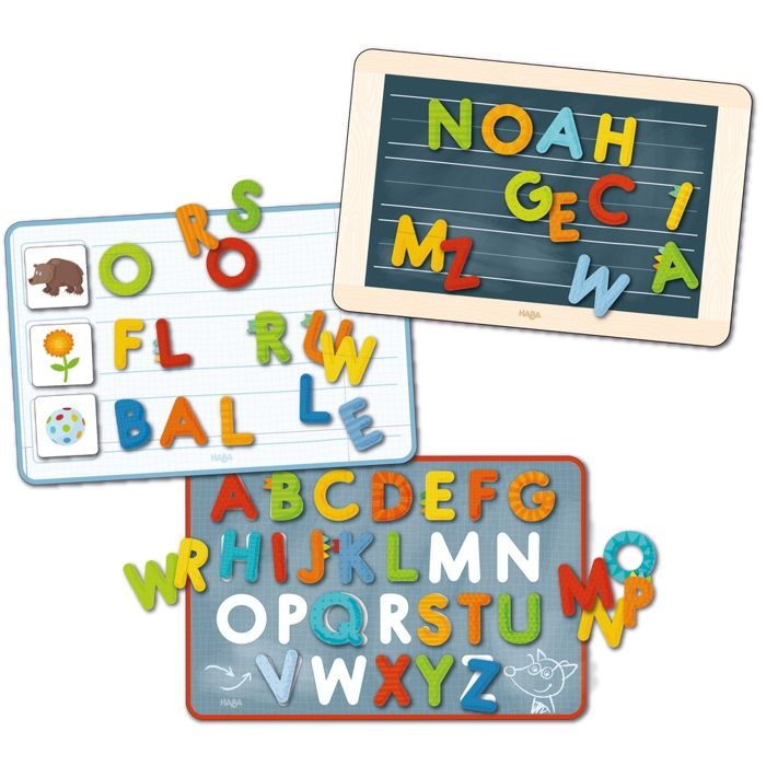 HABA - Boîte de jeu magnétique Alphabet - 147 pièces de lettres magnétiques - Jeu éducatif pour Enfant de 5 ans et +