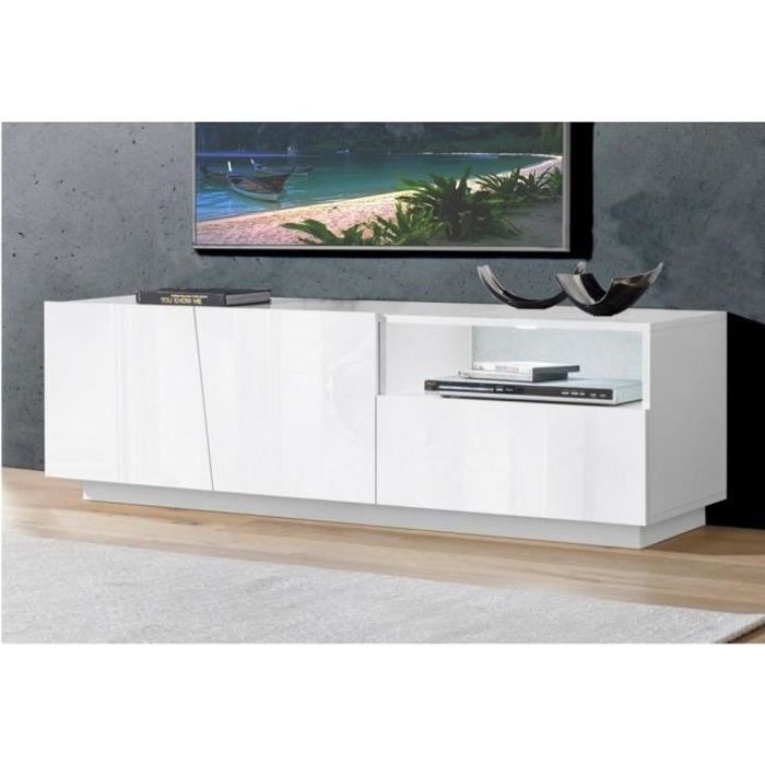 Meuble TV design VEGA 150 cm laqué blanc brillant 2 portes 1 tiroir 1 niche blanc MDF Inside75