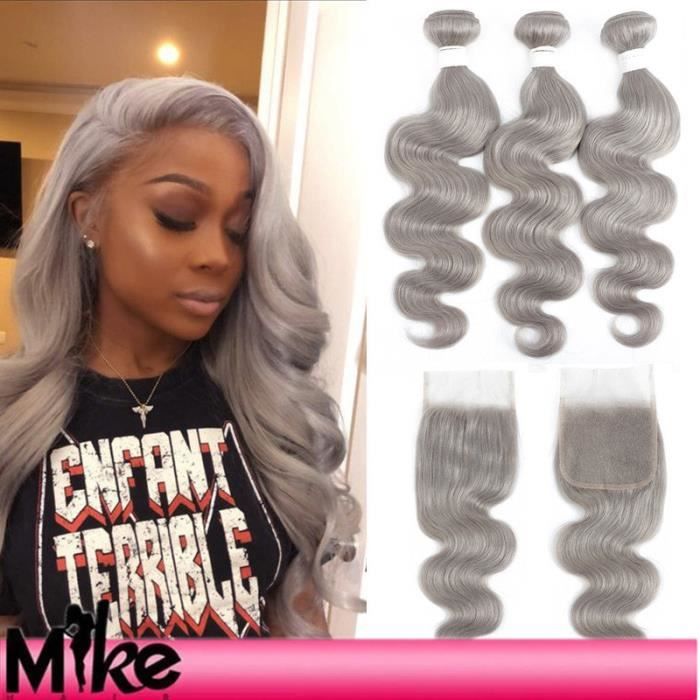 Mèches Brésiliennes Remy 100% Naturelles Body Wave Couleur Gris Argent Avec 4X4 Closure(12 12 12+10-closure)